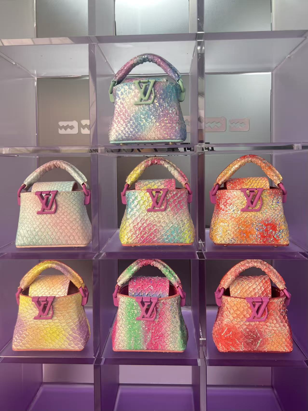 Holographic Fish Scale Mini Bucket Bag Charm - Luxury Designer Inspired Keychain for Women