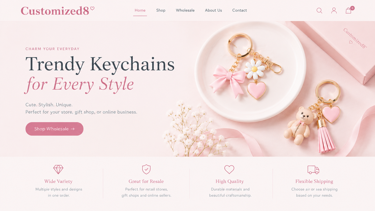 Customized8 minimalist blush pink homepage hero with text on left and keychain product photography on right
