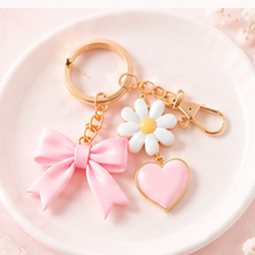 Pastel pink retail keychain with gold ring, bow, daisy and heart charm on a blush ceramic dish