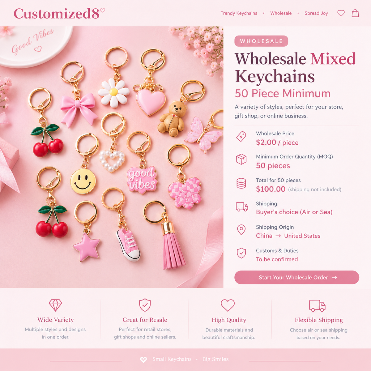 Pastel pink wholesale mixed keychains product banner with pricing and shipping details